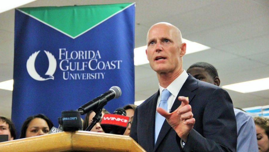 Florida Gov. Rick Scott visited FGCU to discuss tax breaks on textbooks during a press conference on Friday, Jan. 30, 2015. (EN Photo / Kelli Krebs)
