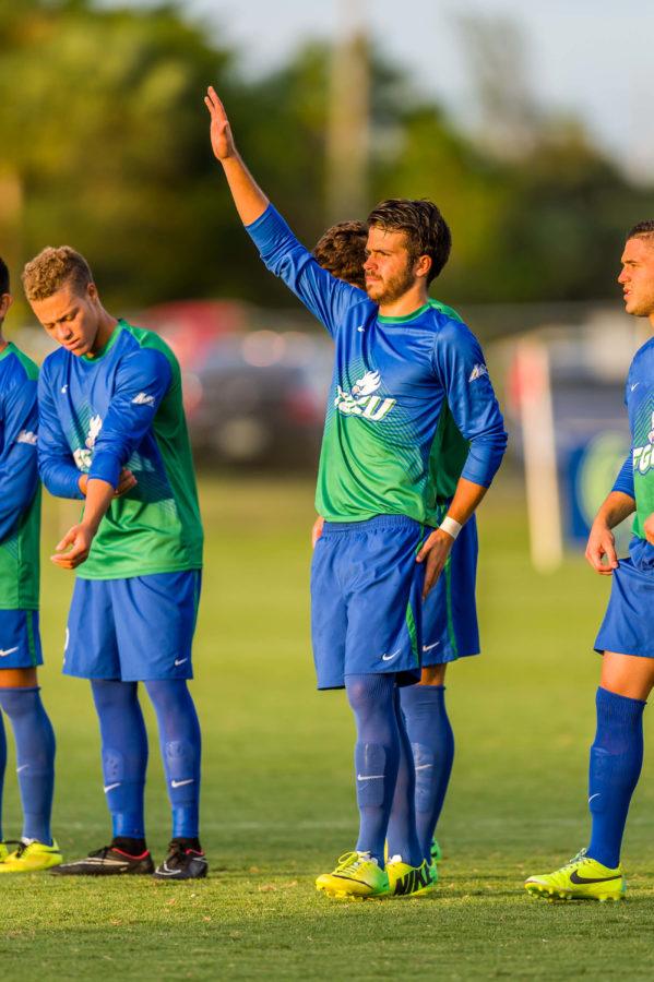 Rodrigo Saravia, a former FGCU center midfielder and 2015 Atlantic Sun Conference player of the year, waves during introductions during an FGCU home game. (Photo: Captive Photons)