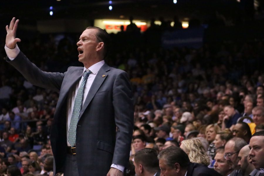 FGCU head coach Joe Dooley, now in his third year with the Eagles, calls out plays during Tuesday nights First Four game against Fairleigh Dickinson in Dayton, Ohio. (EN Photo / Kelli Krebs)