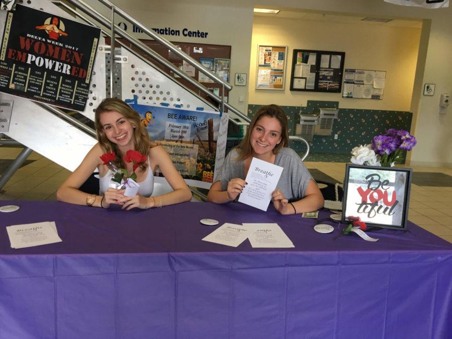 (Left) Lacey Scotti, the vice president of Breathe, a new RSO on campus, tables in the Cohen Center atrium alongside club president Kayla Reiter (right). Reiter, who is running for SG senate with the College of Arts and Sciences with the FGCU Fusion Party, launched Breathe with the goal of spreading awareness for mental health issues. (Photo courtesy of Kayla Reiter)