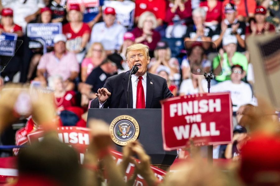 EN Photo by Bret Munson // President Donald Trump speaks to the crowd at Wednesday's MAGA rally.