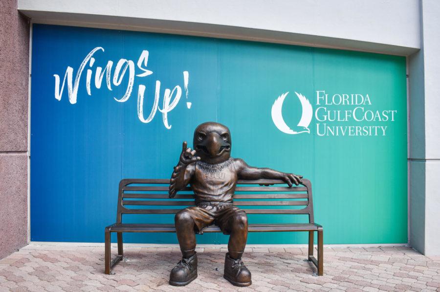 EN photo by Raphaella Matta. The newest addition to FGCU's campus is the bronze bench on the Alumni Legacy Plaza.