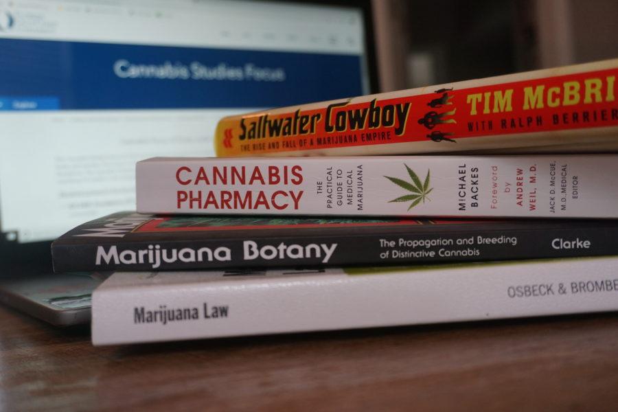 EN+photo+by+Brooke+Stiles.+The+textbooks+used+in+the+cannabis+classes+at+FGCU.