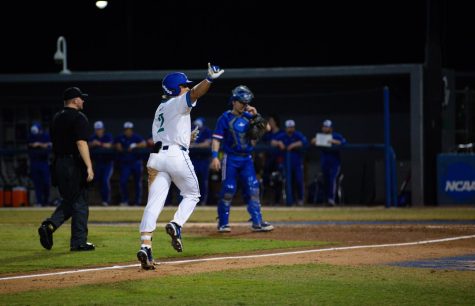 Infielder Edrick Felix (2) on his way to home plate after hitting a home run. FGCU baseball played UMass Lowell on Friday Feb. 24, 2023 and won the game 8-2. 