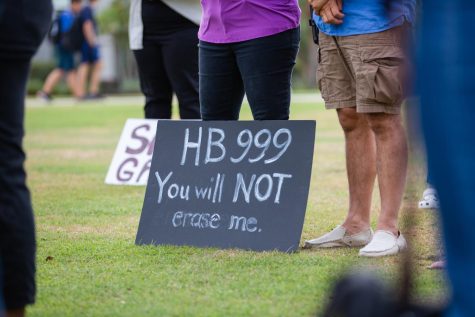 A sign that was held by a protester during the Take a Stand Against HB999 protest that took place on the library lawn Monday April 10, 2023. Students and faculty took turns speaking out against the bill and explaining its repercussions.