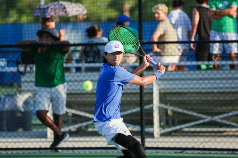 Redshirt junior, Juan Lopez during his singles match against Stetson during the ASUN Mens Tennis Tournament Quarterfinals.