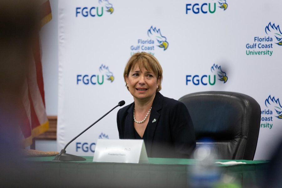 Aysegul Timur speaks with tears in her eyes to the Board of Trustees and meeting attendees after being selected as FGCUs fifth university president on Thursday May 4, 2023. 
