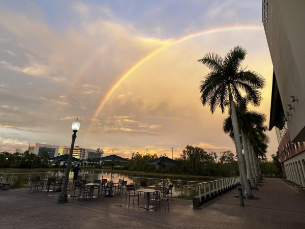 A double rainbow stretched across the sky over campus Thursday evening after an afternoon full of rain. Photo by Meagan Murray. 