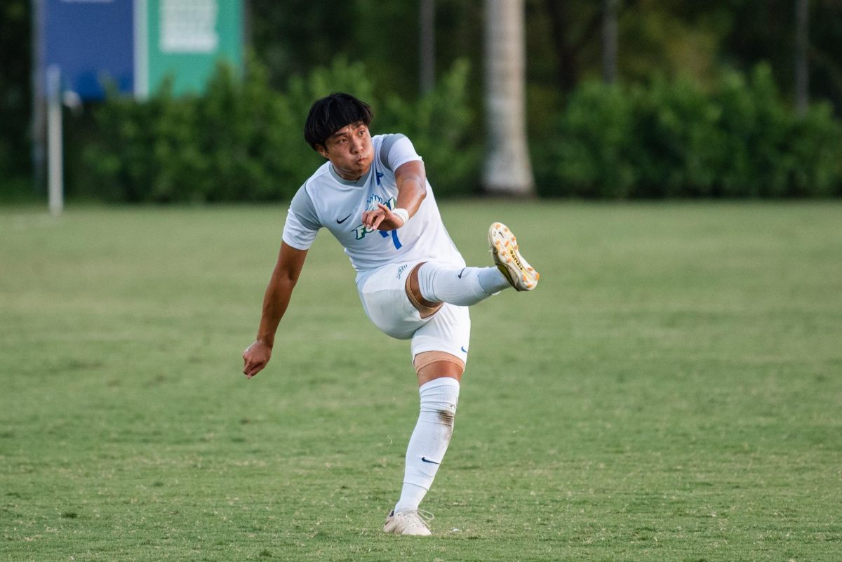 Monday night FGCU mens soccer faced off the Marist Red Foxes. Junior forward Shoki Yoshida (7) secured the Eagles first and only goal against the Red Foxes. The night ended with the Eagles falling 2-1. Photo by 