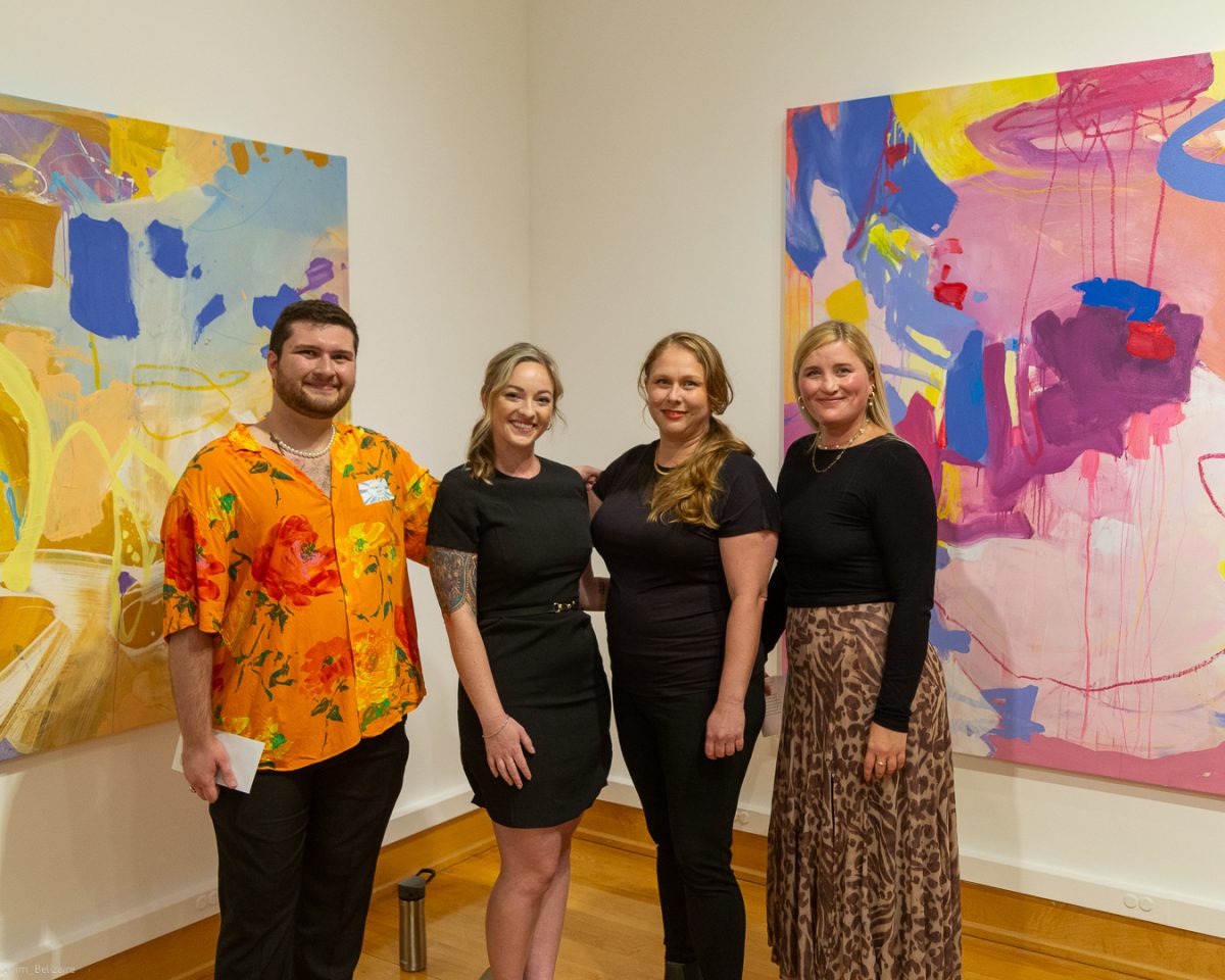 FGCU Art Galleries opened their newest exhibit, Citrus Flux, that features the artwork of three alumni on Thursday October 12, 2023. Pictured here (from left to right) is Art Program alumni Michael S. and featured artists Jessica Dehen, Lauren Ashley S. Baker and Karri Leamon. Photo by 