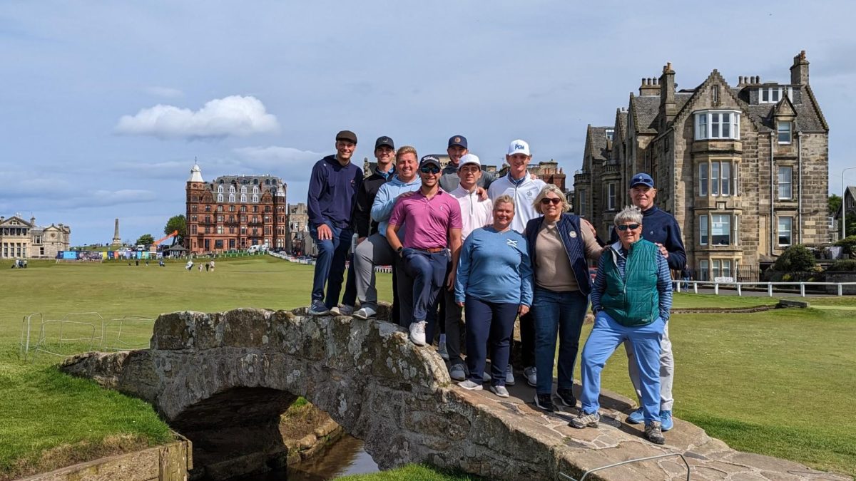 Trip attendees gathered at the Swilican Bridge at St. Andrews.