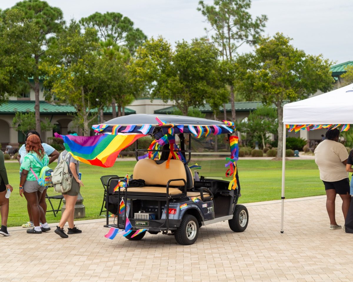 The FGCU GSA kicked off the Pride 360 week of celebrations with a golf cart parade. Photo by 