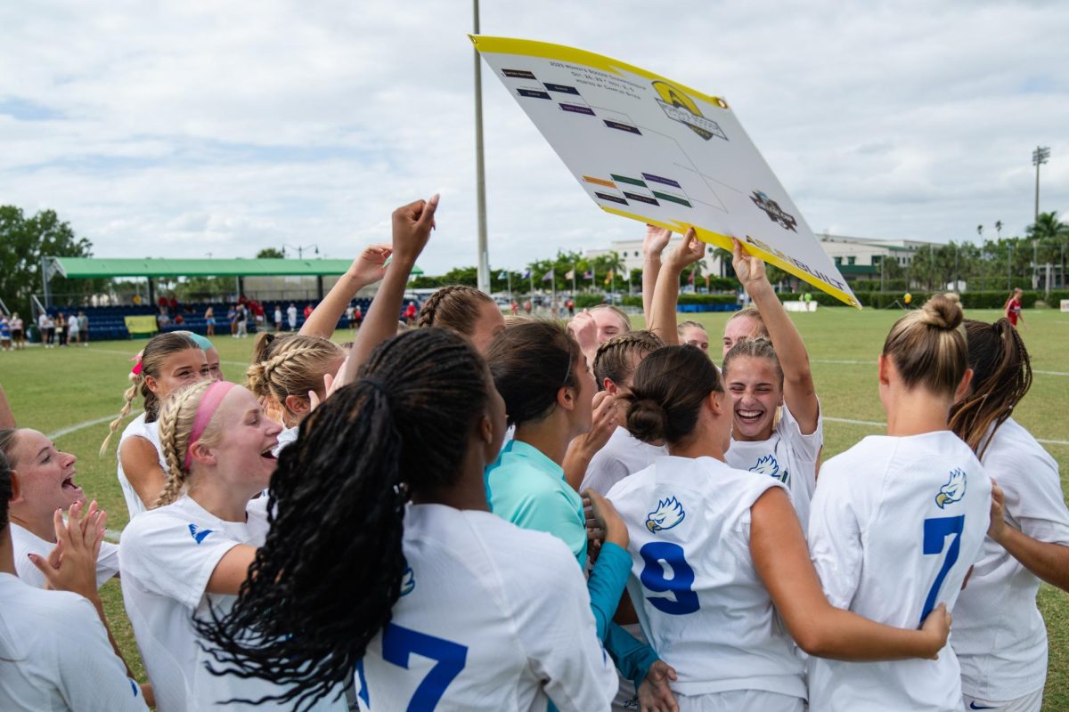 FGCU women’s soccer celebrates after they beat Austin Peay 3-1 in the ASUN Quarterfinal at Pickering Field on Sunday, October 29, 2023.
