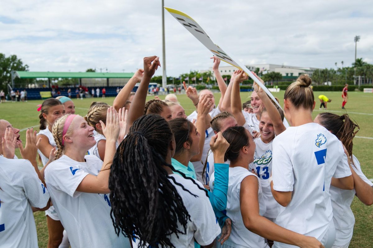 The FGCU Womens Soccer team celebrates their win against Austin Peay after stamping their name to the semifinal round of the ASUN Womens Soccer Tournament on Sunday October 29, 2023.