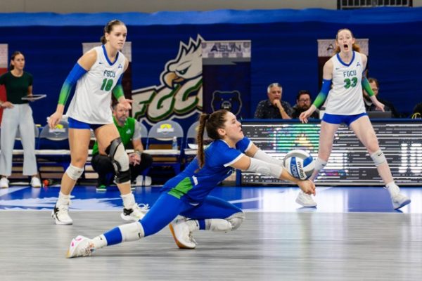 Reese Burry (#2) digs the ball during Friday nights ASUN Semifinal match against Kennesaw State at Alico Arena on Friday, November 17, 2023. Photo by Jessica Piland/FGCU Athletics. 
