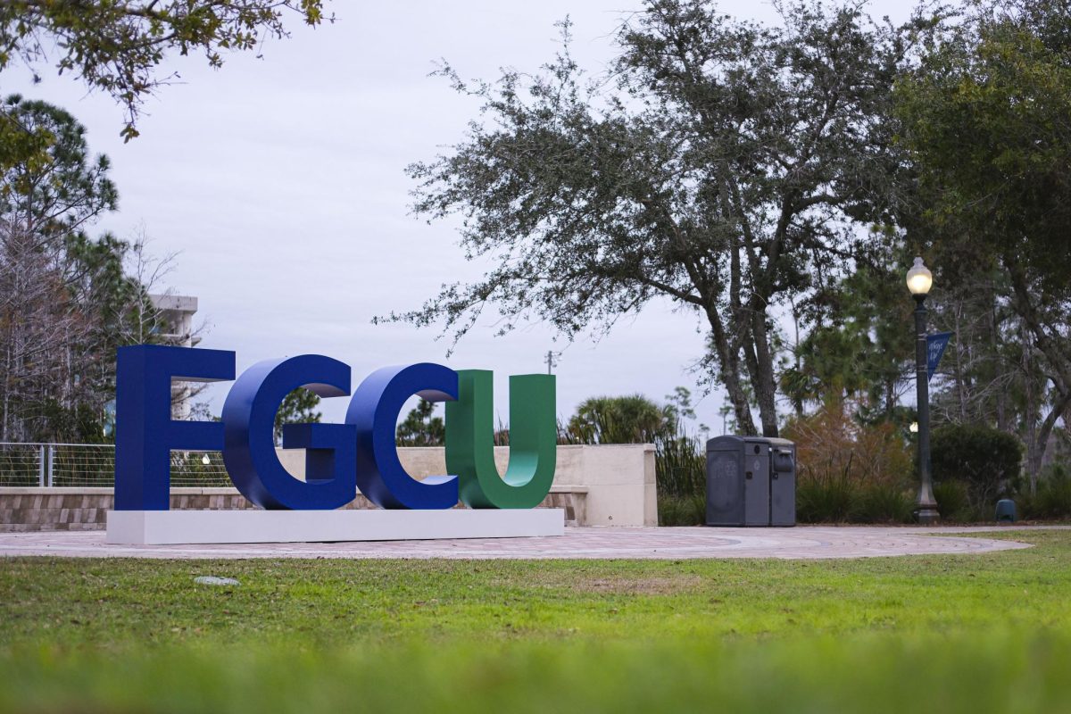 The FGCU letters on an overcast day.