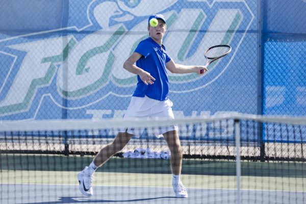 Hugo Magnusson of FGCUs Mens Tennis looks to return the ball back to his opponent from the University of Louisiana on Saturday, January 20, 2024. 