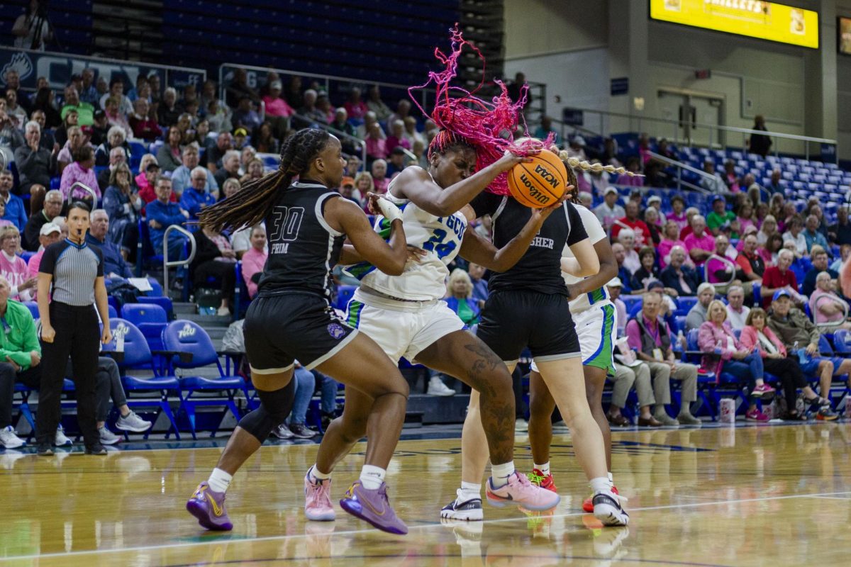 Uju Ezeudu (#24) fights for the ball against the University of Central Arkansas Thursday, Feb 8, 2024. The FGCU took the victory over UCA 65-43. Photo by  